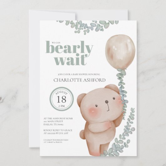 Bear Balloon Bearly Wait Neutre Baby Invitation (Devant)