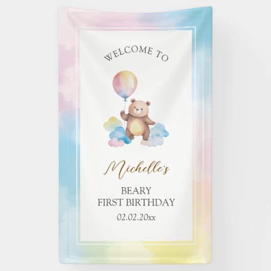 Bear Balloon Clouds Beary First Birthday Welcome Spandoek (Verticaal)