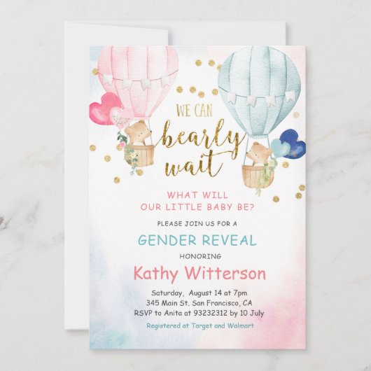 Bear Balloon Gender Reveal Baby Shower Invitation Kaart (Voorkant)
