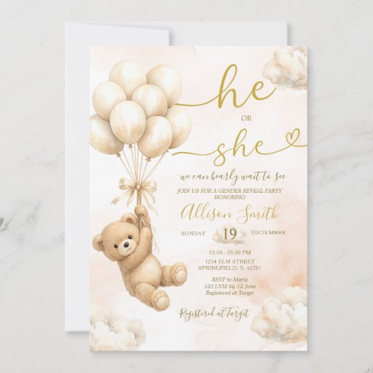 Bear Balloon He or She Gender Reveal Invitation (Devant)