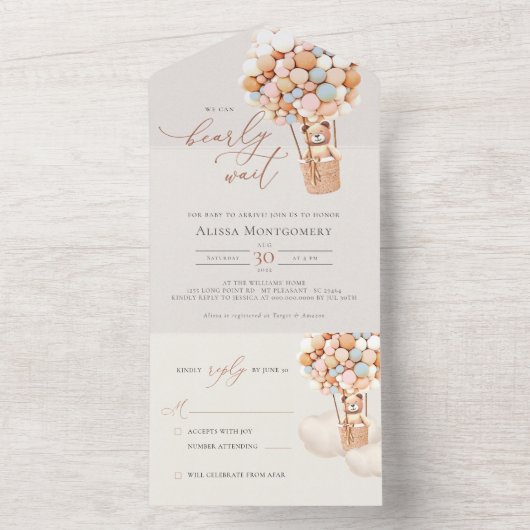 Bear Balloons Baby shower Tous en une invitation (À l'intérieur)