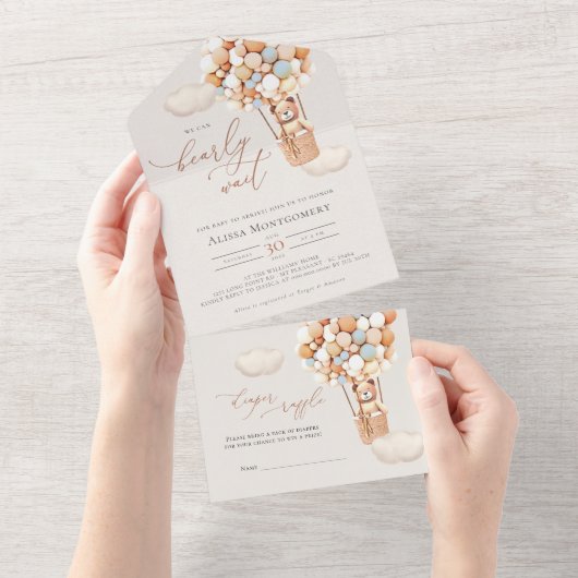 Bear Balloons Baby shower Tous en une invitation (Déchirure)
