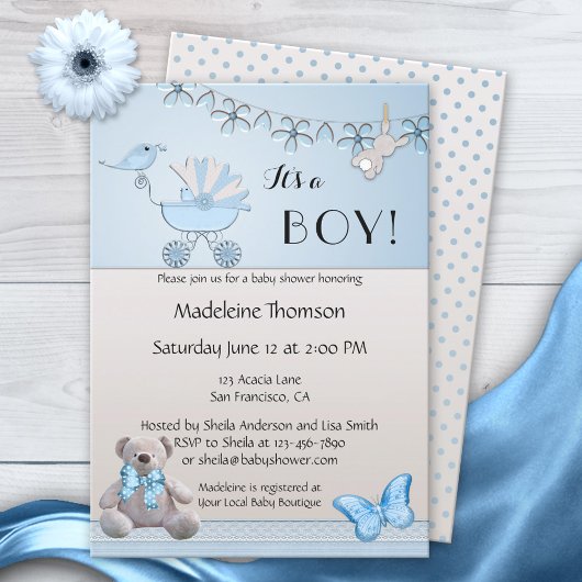 Bear Bleu Beige Boy Baby shower Invitation