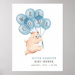 Bear Blue Balloons Boy Baby shower Affiche de bien
