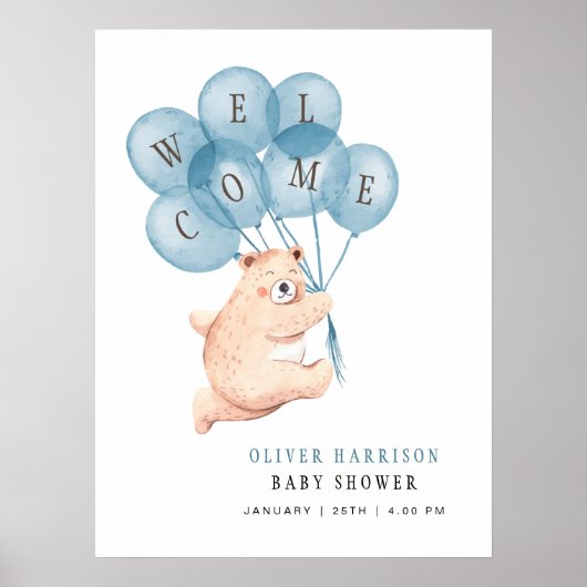 Bear Blue Balloons Boy Baby shower Affiche de bien (Devant)