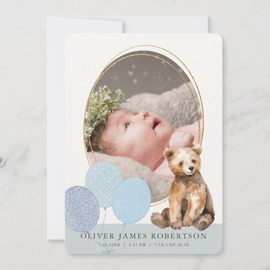 Bear Cub Balloons Garçon Faire-part de naissance (Devant)