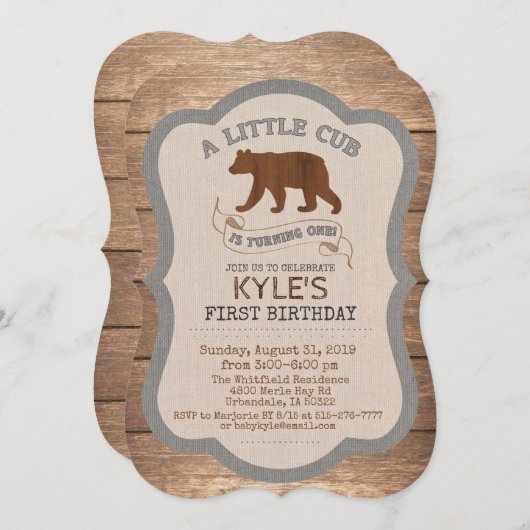 Bear Cub Boy 1er Anniversaire Invitation (Devant / Derrière)