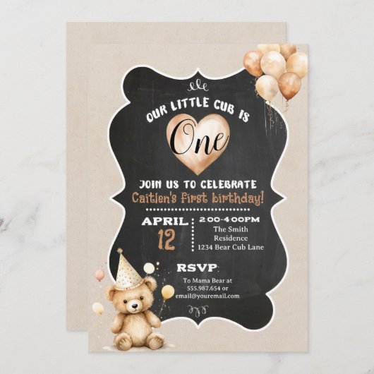 Bear Cub Invitation pour le premier anniversaire (Devant / Derrière)