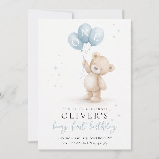 Bear First Birthday Invitation (Devant)