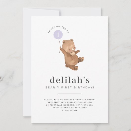Bear First Birthday Invitation Balloon pourpre (Devant)