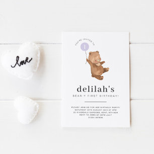 Bear First Birthday Invitation Balloon pourpre