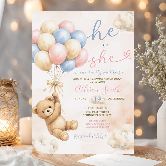 Bear Gender Reveal Pink and Blue Balloon Kaart
