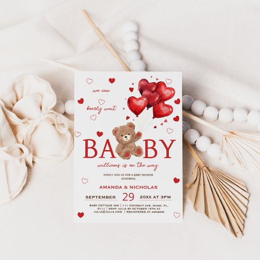 Bear Heart Balloons rouge Baby shower Invitation