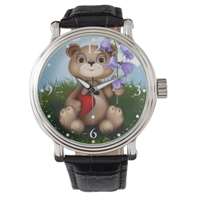 Bear Holding Bouquet Flower-30926 Horloge (Voorkant)