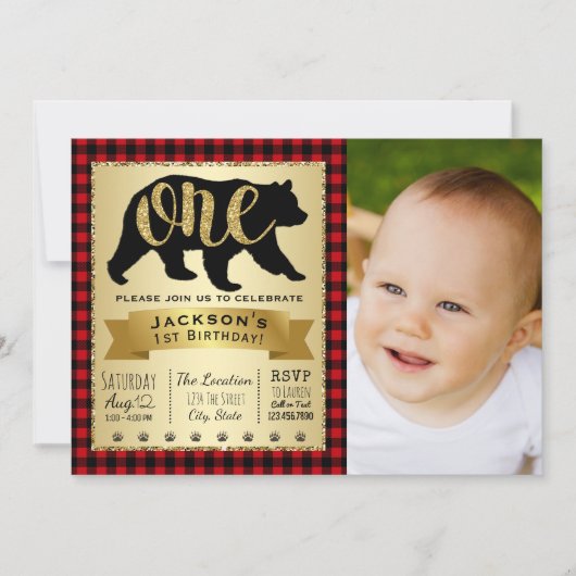 Bear Lumberjack 1er anniversaire fêtes Invitations (Devant)