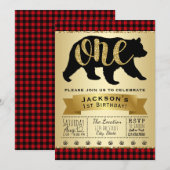 Bear Lumberjack 1er anniversaire fêtes Invitations (Devant / Derrière)