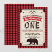 Bear Lumberjack 1er Anniversaire Invitation (Devant / Derrière)