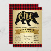 Bear Lumberjack First Birthday Party Invitations (Devant / Derrière)