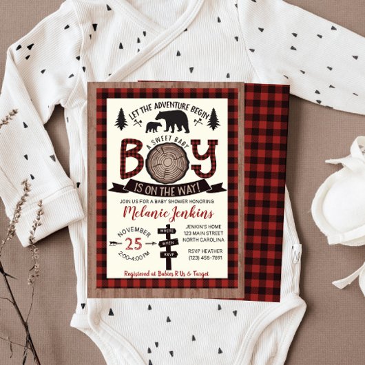 Bear Lumberjack Flannel Boy Baby shower Invitation
