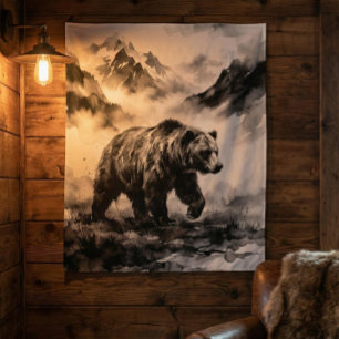 Bear Mountain Zwarte en Witte Wilde Natuur Kunst Wandkleed
