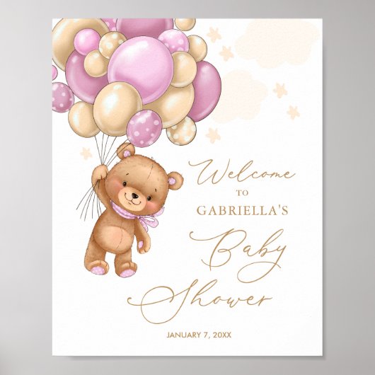 Bear Pink Ballots Baby shower Welcome Poster (Devant)