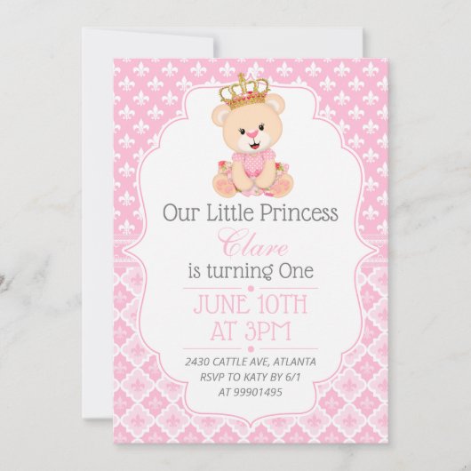 Bear Princess First Birthday Invitation (Devant)