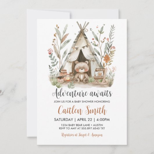 Bear Teepee Baby shower Aventure Attend Invitation (Devant)