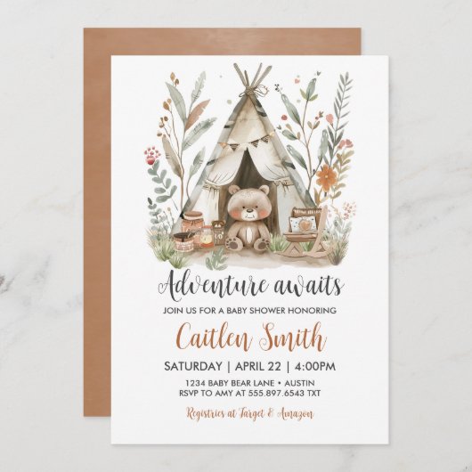 Bear Teepee Baby shower Aventure Attend Invitation (Devant / Derrière)