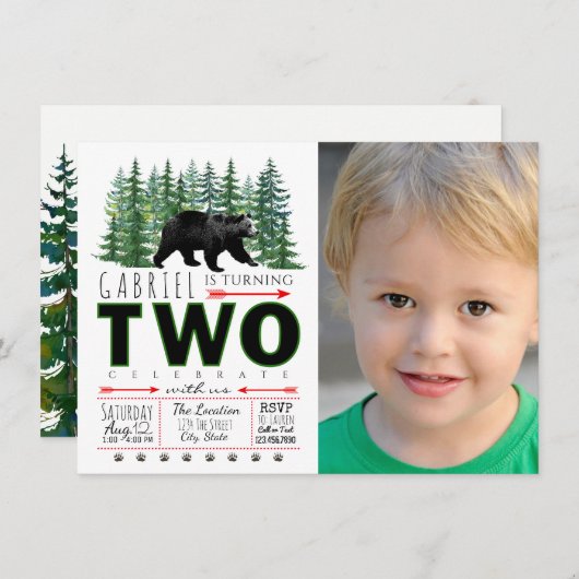 Bear Trees Boy Invitation de fête d'anniversaire 2 (Devant / Derrière)