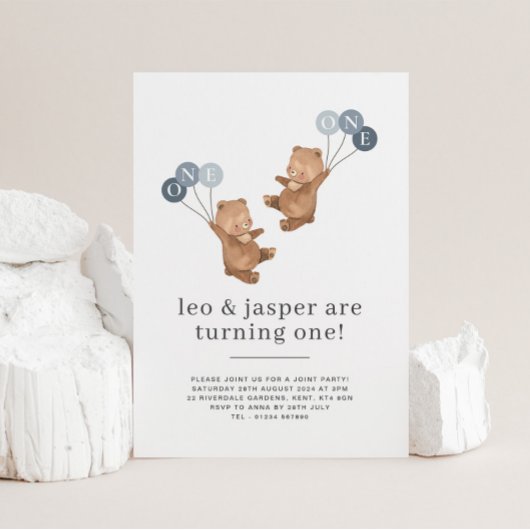 Bear Twin Boys Joint 1er anniversaire Invitation