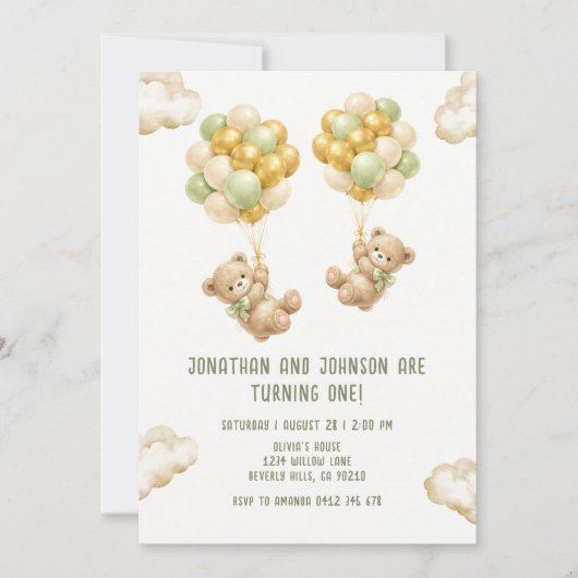 Bear With Balloons Twins First Birthday Invitation (Devant)