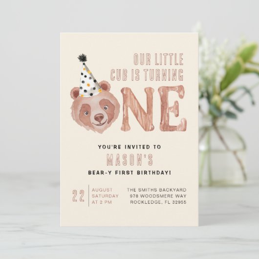 Bear y Cute 1er Anniversaire Invitation - Teddy Be (Debout devant)