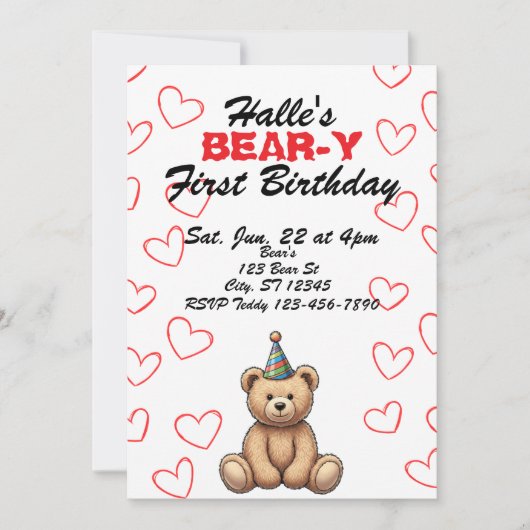 BEAR-Y First Birthday, cute teddy bear birthday Kaart (Voorkant)