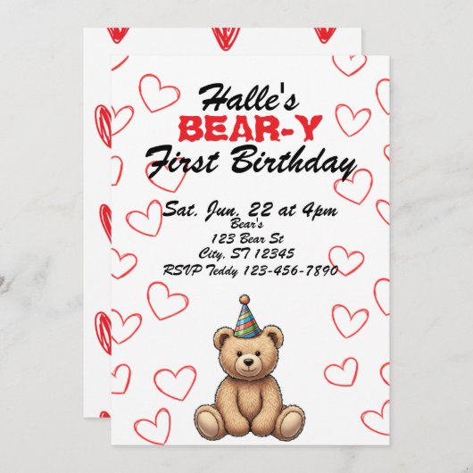 BEAR-Y First Birthday, cute teddy bear birthday Kaart (Voorkant / Achterkant)