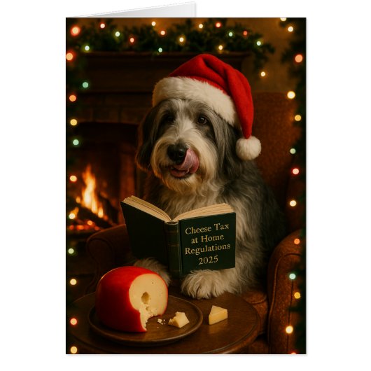 Bearded collie 'Cheese Tax' Christmas card (Devant)