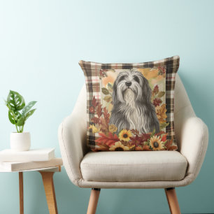 Bearded Collie Dog Herfst Waterverf Flowers Kussen