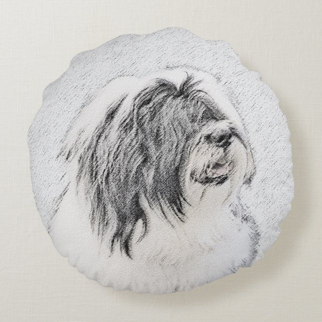 Bearded Collie Drawing - Cute Original Dog Art Rond Kussen (Achterkant)
