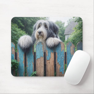 Bearded Collie gluren over een oud hek Muismat