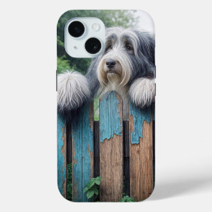 Bearded Collie gluren over oude hek