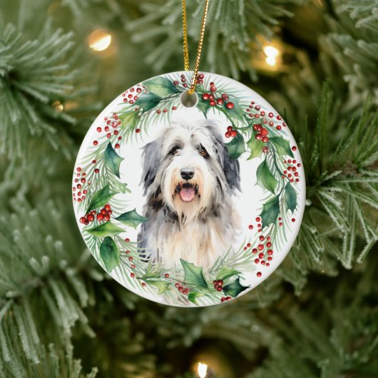 Bearded Collie Holly Wreath Kerstmis Keramisch Ornament (Boom)