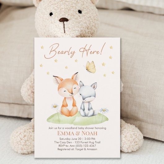 Bearly Here Woodland Stars Vos en Beer Baby Shower Kaart