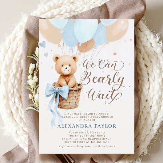 Bearly Wait Balloons Bow Blue Tan Boy Baby shower Kaart