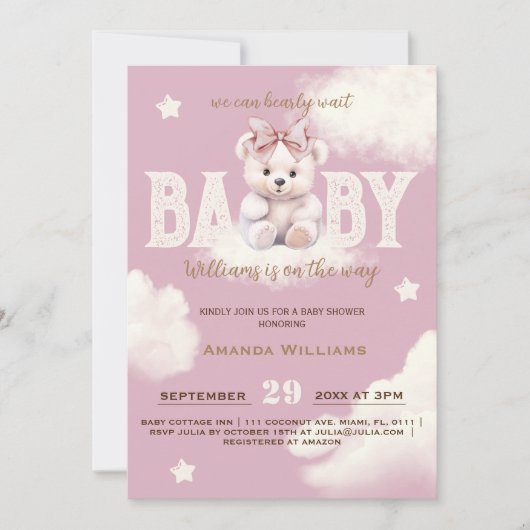 Bearly Wait Bear Bow Baby Girl Shower Invitation (Devant)