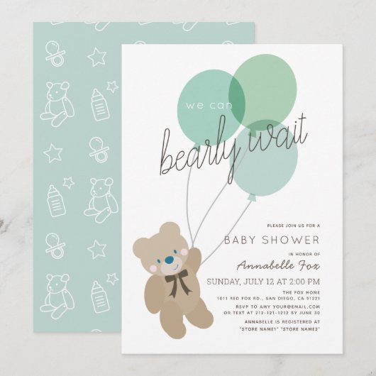 Bearly Wait Bear Mint Green Baby shower Invitation (Devant / Derrière)