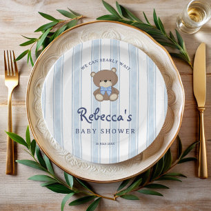 Bearly wait blauw retro strepen baby shower papieren bordje