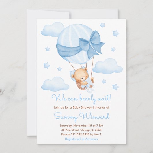 Bearly Wait Blue Balloon Boy Baby shower Kaart (Voorkant)