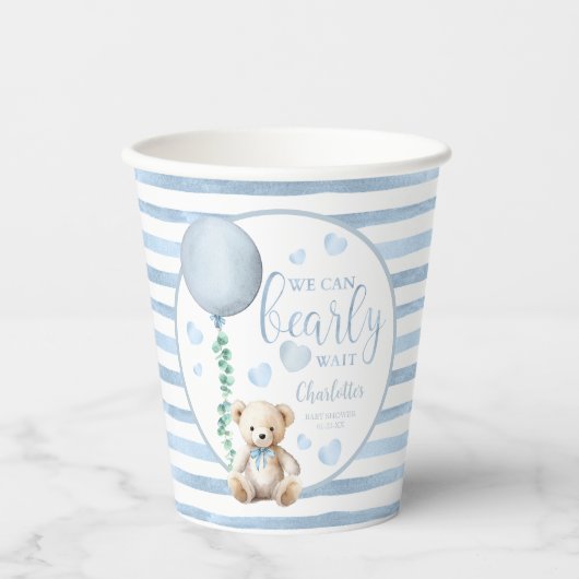 Bearly Wait Blue Teddy Bear Baby shower Cups Papieren Bekers (Voorkant)