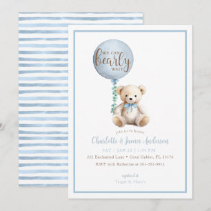 Bearly Wait Blue Teddy Bear Baby shower Uitnodigen Kaart