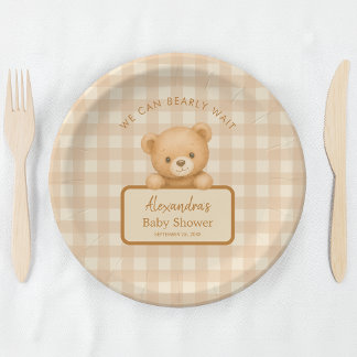Bearly Wait Bruine Gingham & Teddybeer Baby Shower Papieren Bordje