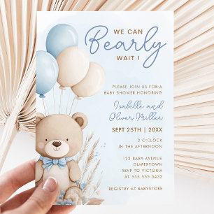 Bearly Wait Neutraal Blauw en Wit Baby shower Kaart